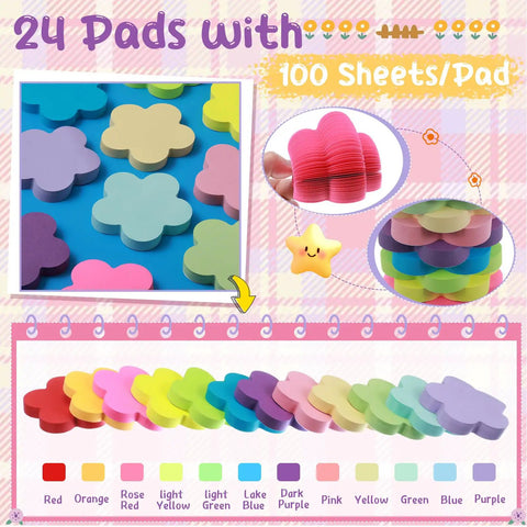 Colorful Flower Sticky Notes 3 Inch Pack Of 24 With 100 Sheets Per Pad, bright assorted colors, stacked on blue background