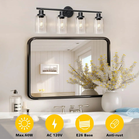 4 Light Vanity Lights Black Wall Sconce With Clear Glass Over Mirror Sleek Dope Modern Bathroom Light Fixture For Living Room Bedroom Hallway E26 Base Bulbs Not Included shown over mirror