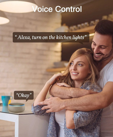 Couple using Smart E26 LED Bulbs 8W Dimmable 2700K Warm White 800 Lumens with Alexa voice control in a modern kitchen