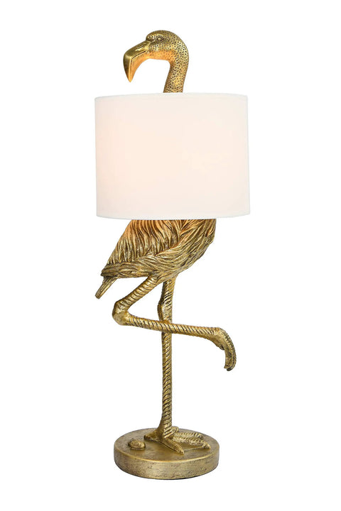 Whimsical Resin Flamingo Table Lamp With Linen Shade In Gold Finish, 32 Inches Tall, Inline Switch, perfect for decorative accent lighting