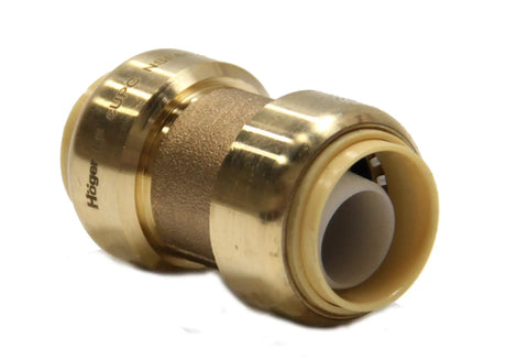 Pack Of 10 3/4 Inch Push Fit Straight Couplings For Pex CPVC Copper Fittings With Disconnect Clip Quick Install Lead Free DZR Brass For Potable Water And Hydronic Systems, close-up of a brass coupling