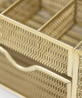 Close-up of gold mesh compartments in Gold Desk Organizer Set With Drawer Metal Mesh Office Organizer For Women Functional And Stylish Desktop Storage For Papers And Small Stationery Supplies