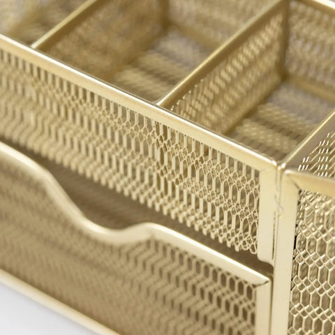 Close-up of gold mesh compartments in Gold Desk Organizer Set With Drawer Metal Mesh Office Organizer For Women Functional And Stylish Desktop Storage For Papers And Small Stationery Supplies