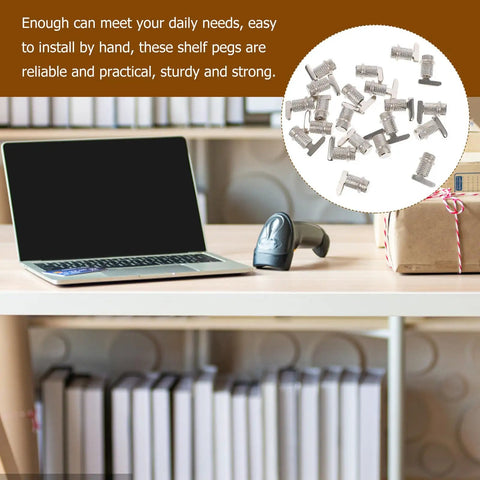 Silver Finish Cabinet Shelf Support Pegs 20 Pack For Cabinets, Bookcases, Closets, And Cupboards on a desk background