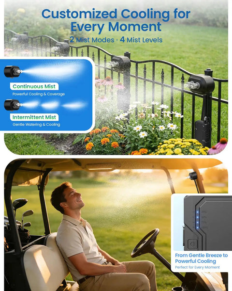 Portable Magnetic Misting System With Pump And 6000mAh Battery For Outdoor Cooling on garden fence and golf cart