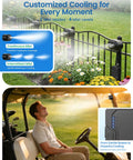 Portable Magnetic Misting System With 6000mAh Rechargeable Pump And 2 Nozzles For Outdoor Patio Golf Cart Canopy Cooling Fan Misters Kit spraying mist in garden and golf cart.
