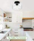 Industrial Dope Semi Flush Mount Ceiling Light In Matte Black With Clear Glass Shade in modern farmhouse kitchen setting.