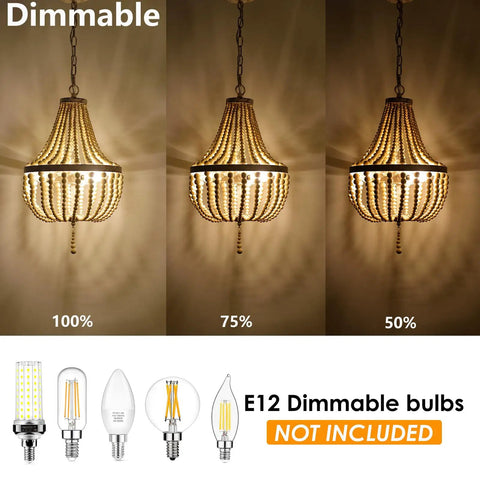 Three Light Mini Wood Beaded Boho Plug In Chandelier With Dimmable Timer Pendant Lighting showcasing different brightness levels