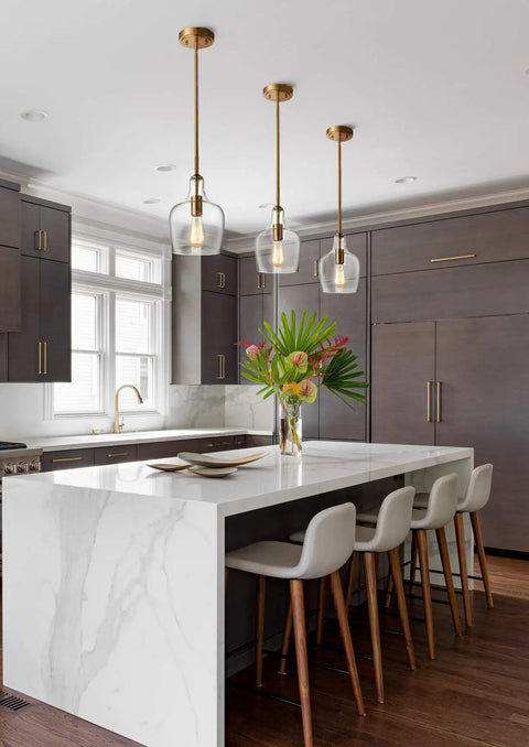 Sleek Modern Brass Glass Kitchen Pendant Light With Rod-Hung Design, Gold Finish One-Light Fixture, Hand-Blown Glass Shade, ETL Listed