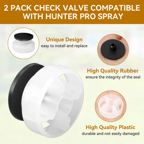 Front view: two-pack sprinkler check valve for Hunter Pro Spray; white plastic body with black gasket.