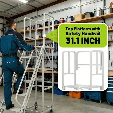 Pro Grade Seven Step Rolling Ladder With Full Handrails, Heavy Duty Steel Platform Cart For Garage Or Warehouse, Ironclad Workhorse Built Tough To Handle Fifteen Hundred Pounds Daily