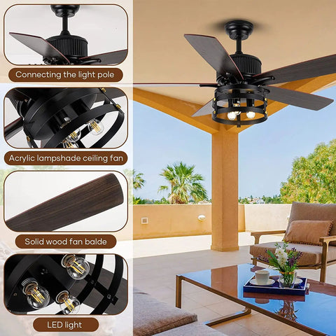 Retractable Caged Ceiling Fan With Lights For Indoor And Outdoor Use Dope Industrial Low Profile Ceiling Fan With Reversible DC Motor 36 Inch Size Large Airflow Retractable Blades Rust Proof Metal Frame installed on patio with LED lights and solid wood blades visible.