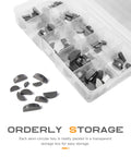 Woodruff key assortment, 120 pcs, top-down view of clear plastic storage box with half-moon steel keys