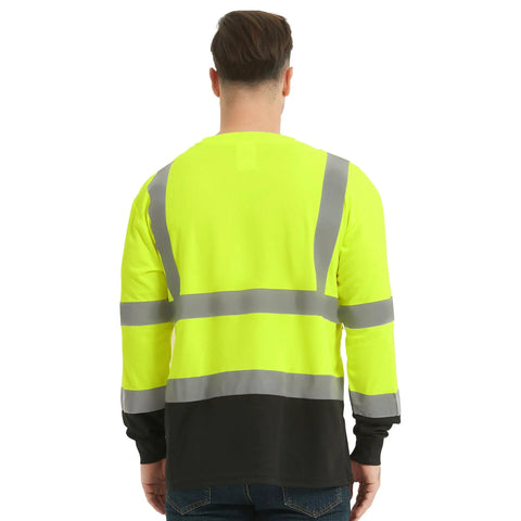 Back view of 3 Pack Men's High Visibility Long Sleeve Reflective Safety T Shirts For Work Warehouse Construction ANSI ISEA 107 Type R Class 2 Green Large Size