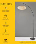 Arc Floor Lamp With 80 Inch Reach, Black Base, Oval Off White Paper Shade in a modern room setting.