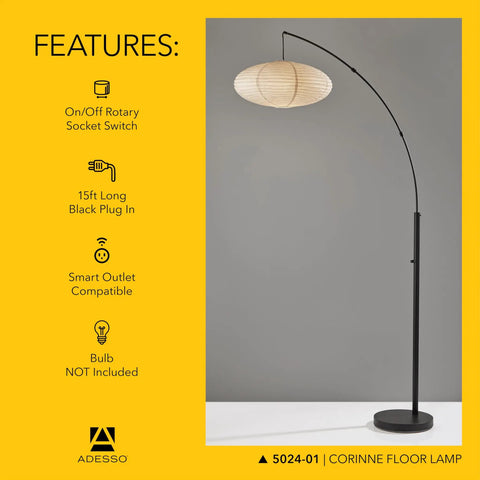Arc Floor Lamp With 80 Inch Reach, Black Base, Oval Off White Paper Shade in a modern room setting.