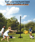 Image of a family playing with the Tetherball Set With Ball And Rope For Outdoor Backyard Play Adjustable Tether Ball Pole With Screw Reinforcement 5 Prong Base Sturdy Metal Construction 10 Ft Height Perfect For Kids And Adults Outdoor Games in a backyard.