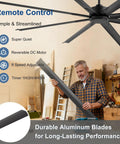 84 Inch Solid As A Rock Industrial Ceiling Fan With No Sweat Remote Setup And Eight Durable Aluminum Blades shows a man assembling fan blades.