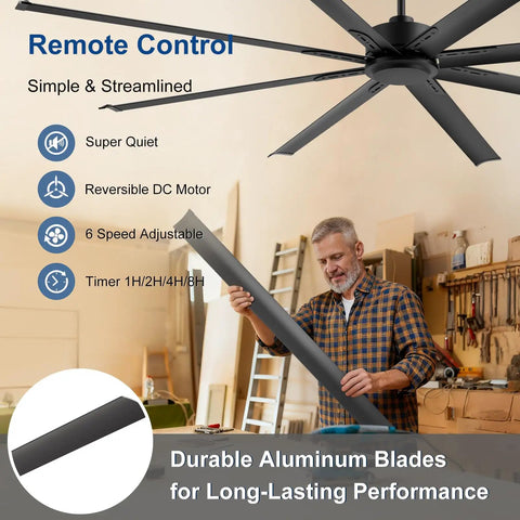 84 Inch Solid As A Rock Industrial Ceiling Fan With No Sweat Remote Setup And Eight Durable Aluminum Blades shows a man assembling fan blades.