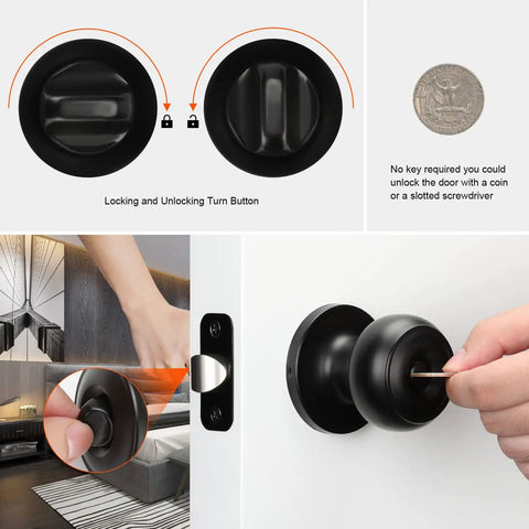 Six Pack Matte Black Interior Privacy Door Knobs For Bedroom Or Bathroom Classic Round Doorknobs Hardware Set with turn button and emergency release