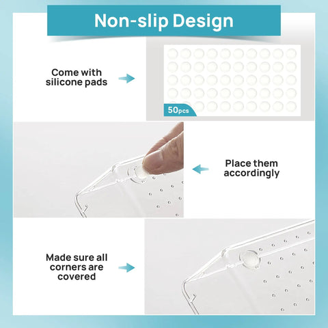 Level Up Your Vanity Game With This 10 Piece Clear Drawer Organizer Set, showcasing silicone pads for non-slip design.