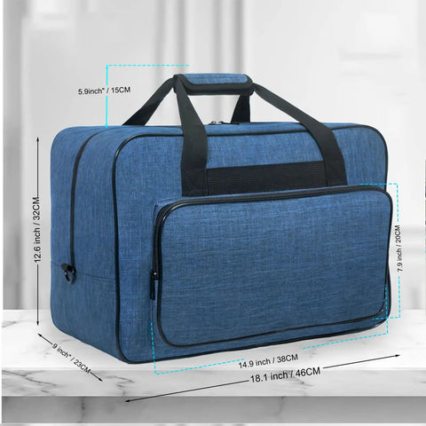 Universal Sewing Machine Carry Case With Thick Padded Handles For Household Models Fits Singer Brother Janome, blue fabric, dimensions shown.