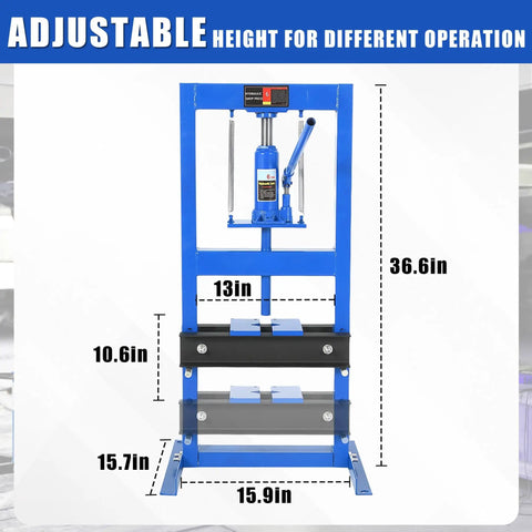 6 Ton Hydraulic Shop Press Heavy Duty H Frame Floor Press With Adjustable Height and Stamping Plates dimensions chart