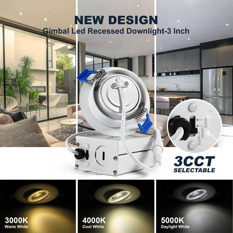 4 Pack 3 Inch Gimbal LED Recessed Lights With Junction Box, 10W Waterproof Recessed Lighting For Shower, color temperature options