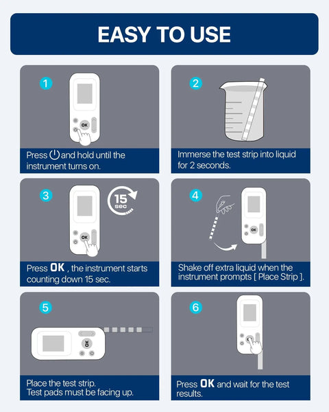 Instructions for using the Digital Pool And Spa Water Test Kit Featuring 7 In 1 Chemistry Analysis with user-friendly steps.
