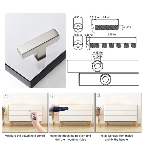 Diagram and installation guide for 2 Pack Square Brushed Nickel Cabinet Pulls Stainless Steel Single Hole Cupboard Hardware For Drawers And Cabinets