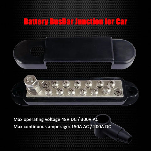Beefy Heavy Duty Quarter Inch Stud Power Distribution Block Bus Bar With Cover For Car Audio Boat Solar 150 Amp 12V Marine Battery Distribution Block Includes 12 Stainless Terminal Screws And Heat Resistant ABS Base, covered bus bar
