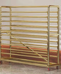 Built Tough Fabric Roll Storage Rack With Adjustable Pulley And Dual Tier Organizer For Vinyl Window Film Wallpaper Commercial Textile Display Stand No Sweat Smooth Setup with gold finish and rolling wheels.