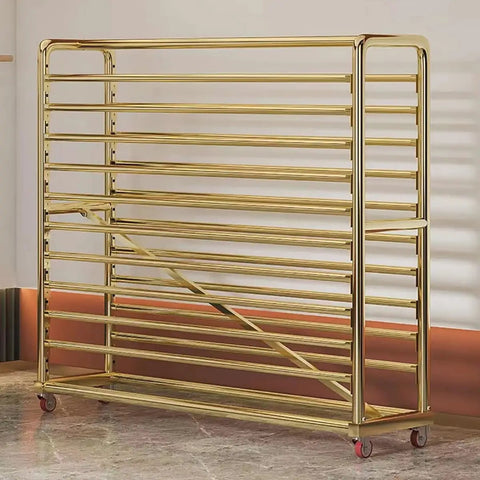 Built Tough Fabric Roll Storage Rack With Adjustable Pulley And Dual Tier Organizer For Vinyl Window Film Wallpaper Commercial Textile Display Stand No Sweat Smooth Setup with gold finish and rolling wheels.