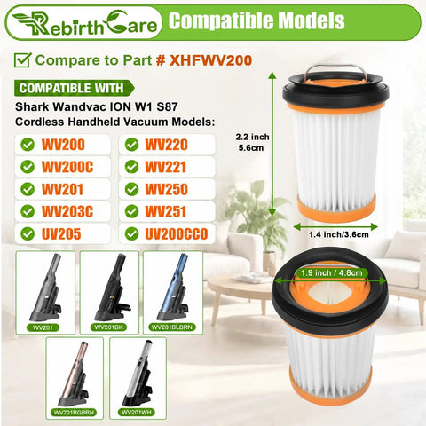 6 Pack WV201 Filter Replacement For Wandvac Ion W1 S87 Cordless Handheld Vacuum Compatible With WV200 WV201 WV205 WV220, dimensions and models displayed