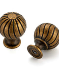 Antique Brass Cabinet Knobs Set, 12 Pack, 1 Inch Round Dresser Drawer Knobs With Raised Fluted Groove, top view and base detail