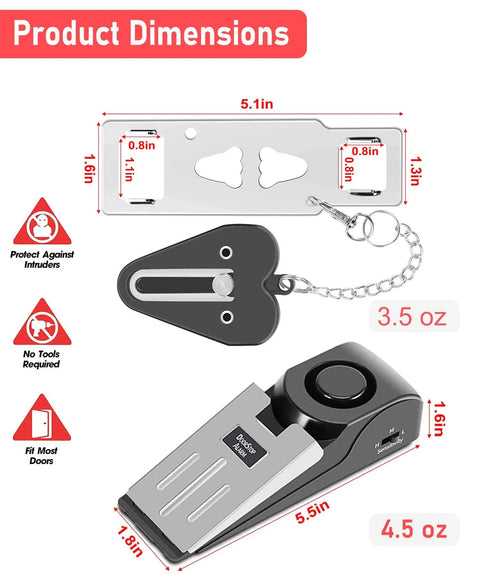 Illustration showing dimensions of Door Stop Alarm And Hotel Door Lock Dual Protection Security Kit with stopper and lock components.