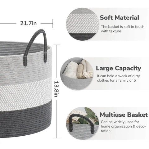 XXL Woven Rope Storage Basket With Handles In Grey Extra Large Organizer For Nursery And Kids Room Perfect For Toys Blankets Pillows Towels And General Storage 21.7 By 13.8 Inches