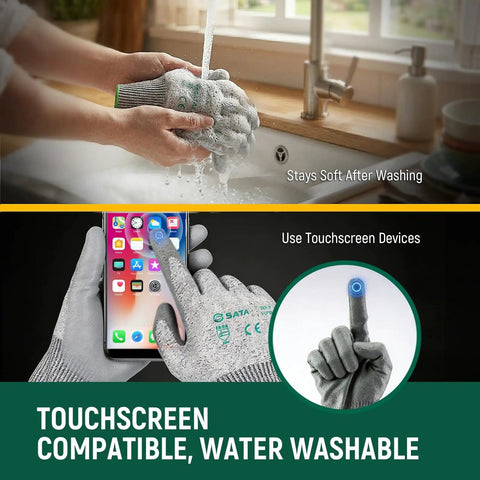 Heavy Duty Cut Resistant Gloves Level 4 EN388 Certified being washed and used on touchscreen, comfortable and breathable fit