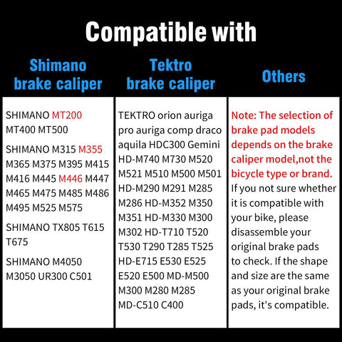 Compatibility list for Four Pairs Bike Brake Pads With Essential Installation Tools For MTB Disc Brakes, includes Tektro Shimano models.