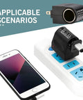 Built Tough AC To DC Car Converter Outlet 12 Volt 500mA Cigarette Lighter Socket Adapter plugged into power strip with phone.