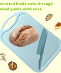 11 Inch Plastic Lettuce Knife With Serrated Blade To Keep Greens Kickin Fresh And Block Browning, Nonstick Safe For Cutting Cakes Fruits Bread, No Sweat Cleaning Dishwasher Ready Duo Pack In Crisp Green cutting through a loaf of bread.