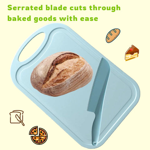 11 Inch Plastic Lettuce Knife With Serrated Blade To Keep Greens Kickin Fresh And Block Browning, Nonstick Safe For Cutting Cakes Fruits Bread, No Sweat Cleaning Dishwasher Ready Duo Pack In Crisp Green cutting through a loaf of bread.