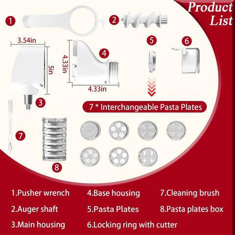 All In One Pasta Press Attachment For Stand Mixers With 7 Interchangeable Plates Spaghetti Bucatini Rigatoni Fusilli diagram