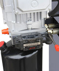 Close-up of 25-Ton H-Frame Hydraulic Shop Press Workhorse With Foot Pedal And Pressure Gauge, electric motor details