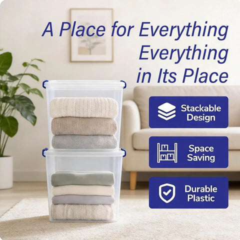 Super Sized 66 Quart Clear Plastic Storage Bins With Lids Stackable Heavy Duty Totes For Clothes Blankets Off Season Gear No Sweat Home Organization Game Changer storing folded blankets.