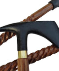 Black Handle Axe Walking Cane With Antique Lock Three Part Open Vintage Walking Stick Durable Aluminum And Wood Build close-up