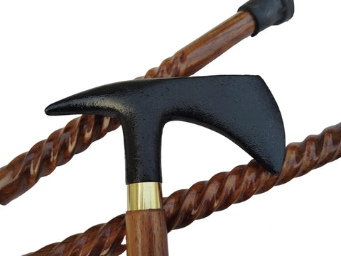 Black Handle Axe Walking Cane With Antique Lock Three Part Open Vintage Walking Stick Durable Aluminum And Wood Build close-up