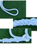 Built Like A Tank Heavy Duty Cargo Net And Hoisting Lifting Sling showing braided white rope on grass background.