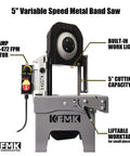 5 inch variable speed metal band saw with large workbench, built-in work light, 10 amp 137-472 FPM motor, 5 inch cutting capacity