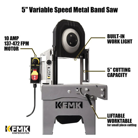 5 inch variable speed metal band saw with large workbench, built-in work light, 10 amp 137-472 FPM motor, 5 inch cutting capacity